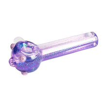 The Red Eye Glass 4.5" Sparkle Liquid Glass Pipe features translucent purple borosilicate glass, a deep bowl, blue and pink sparkles, and raised decorative knobs, shown on a white background.