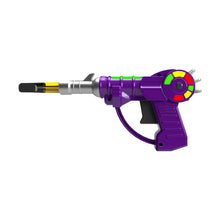 The Penjamin Raygun Vaporizer 510 Thread Battery features a colorful toy ray gun design with a purple body, black grip, silver and gold barrel, variable voltage settings, and a circular multicolored accent near the back.