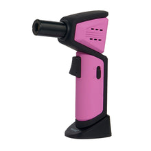 The Maven Nova Torch (Unfilled) is a pink and black handheld butane refillable lighter with a trigger, ignition button, and adjustable nozzle, shown standing upright on its base against a white background.