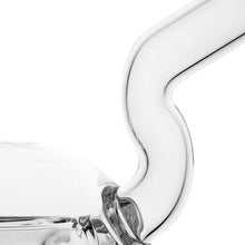 Close-up of a transparent, curved borosilicate glass object with smooth reflections on a white background, inspired by the MJ Arsenal The Plasma Core Rig.