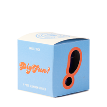A blue and white box labeled BIGFUN! Small Grinders features a cut-out exclamation mark showing the 2-inch grinder inside. The bottom text reads: 4 piece aluminum grinder with pollen sift.