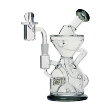 The Tyson Knockout Dab Rig is a clear borosilicate glass water pipe with an intricate multi-chambered design, bent mouthpiece, wide base, and attached glass bowl and downstem—perfect for smooth sessions.