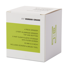 A white box labeled "Human Grade Storage Grinder 1A (2.5")" shows details: 4-piece aluminum grinder (top/bottom), clear plastic storage with pollen screen filter, 63mm size, plus scraper and brush tool included.