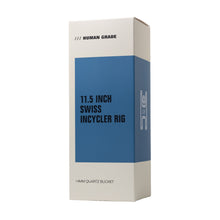 A white and blue box labeled 11.5" Swiss Incycler Glass Water Pipe features a minimalist line drawing, "Human Grade" at the top, and "14mm Quartz Bucket" at the bottom, highlighting its borosilicate glass construction.