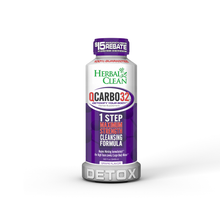 A bottle of QCarbo32 One-Step Same-Day Detox in grape flavor with a purple label, detox branding on the cap, and a $15 rebate sticker at the top.