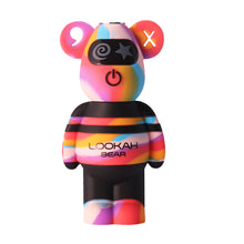 The Lookah Bear 510 Thread Battery is a colorful bear-shaped device with a power button on its torso, a black visor featuring swirl and star symbols, supports 510 tanks, offers variable voltage, and includes a built-in 500mAh battery.