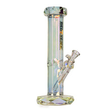 The Red Eye Tek 12" Draco Straight Base is a clear, iridescent 14mm borosilicate glass bong with a facetted metallic finish, the Red Eye Tek logo on the neck, and an angled downstem with bowl.
