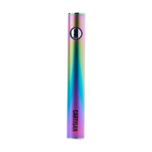 The Cartisan Button VV 900 Dual Charge (USB-C) 2G is a slim, cylindrical vape pen with a metallic rainbow finish, USB-C charging, a circular button near the top, and “CARTISAN” printed vertically near the bottom.