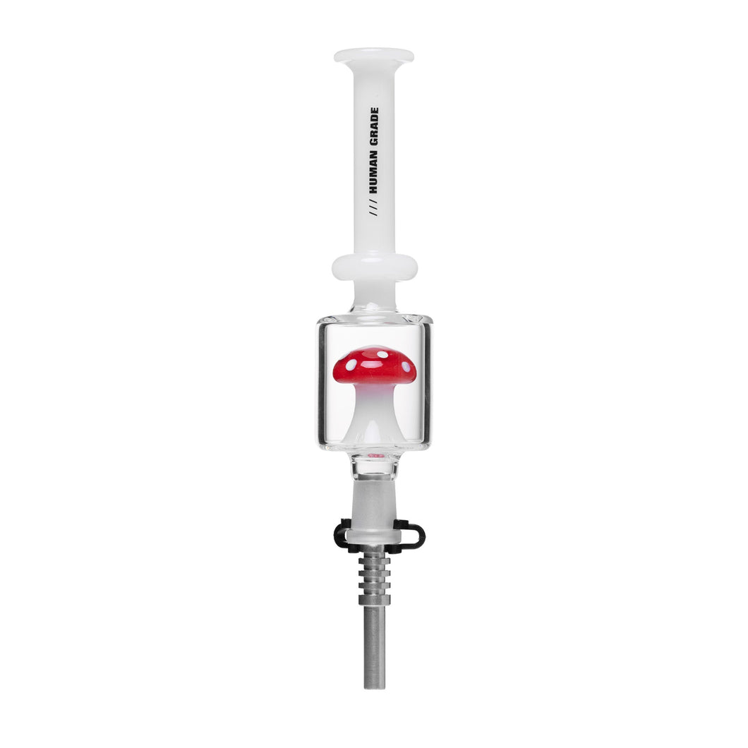 The Human Grade Shroom Nectar Collector is a white borosilicate glass dab straw with a clear chamber, a red and white mushroom perc inside, and a metal tip—perfect for any shroom nectar collector.