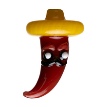 The Human Grade Chili Pepper Glass Carb Cap, made from borosilicate glass and shaped like a red chili pepper with a yellow sombrero, cartoon eyes, and mustache, adds playful character to any dab rig.