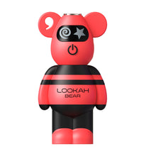 The Lookah Bear 510 Thread Battery is a red and black bear-shaped device with "LOOKAH BEAR" on its body, a power button on its chest, unique swirly and star eyes, and is compatible with 510 tanks for versatility.