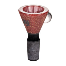 The MJ Arsenal Dichro Flower Bowl is a handmade borosilicate glass bowl for water pipes, featuring a red speckled top, small handle, and a frosted black 14mm joint at the base.