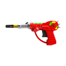 The Penjamin Raygun Vaporizer 510 Thread Battery features a futuristic red and silver design with green and yellow accents, a black trigger, and is inspired by 510 Tanks, displayed on a white background.