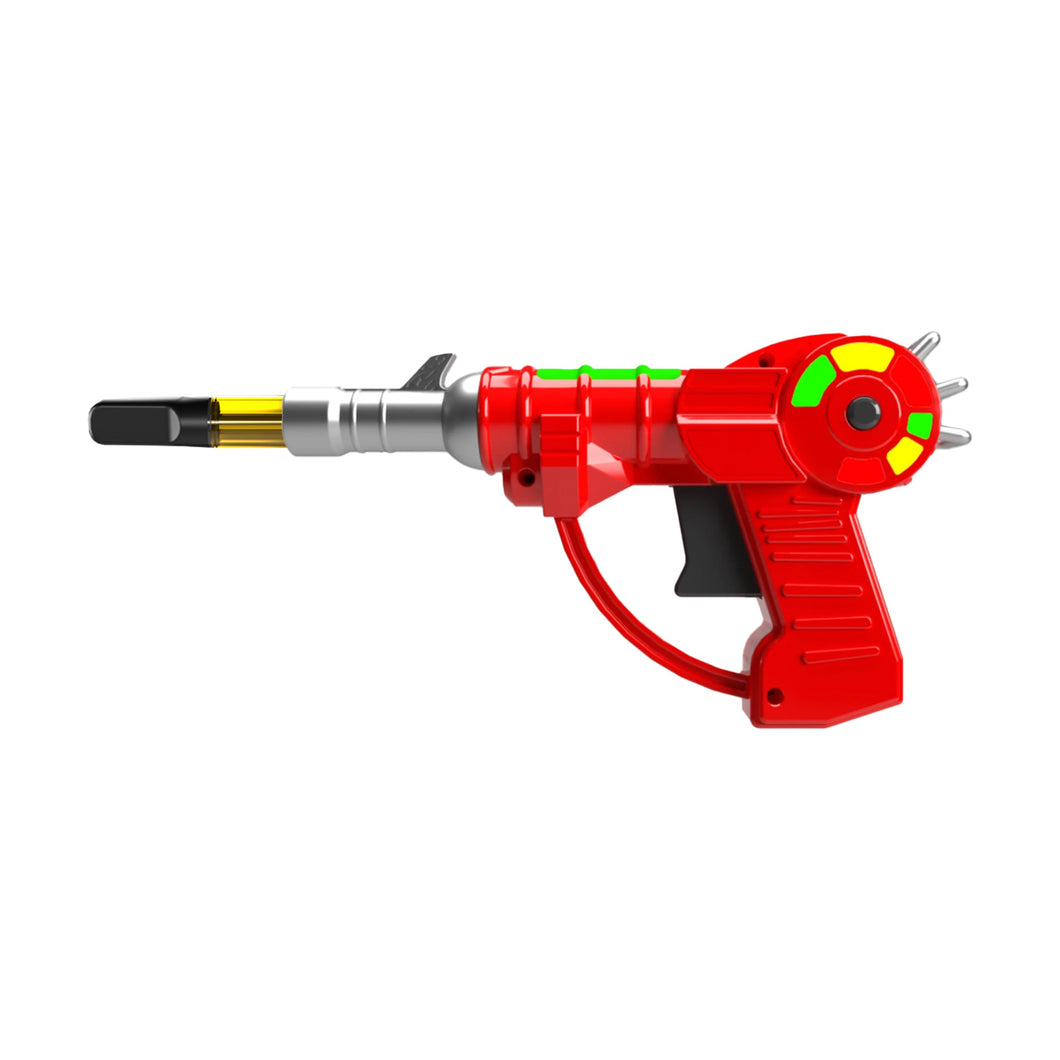 The Penjamin Raygun Vaporizer 510 Thread Battery features a futuristic red and silver design with green and yellow accents, a black trigger, and is inspired by 510 Tanks, displayed on a white background.