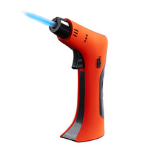 The Maven Thunder Torch (Unfilled) is a red and black handheld device that stands upright on a white background, emitting a windproof jet flame from its nozzle. This butane refillable torch ensures reliable performance for various uses.