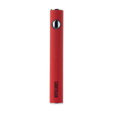 The Cartisan Button VV 900 Dual Charge (USB-C) 2G is a red cylindrical vape pen with a silver button and "CARTISAN" printed vertically near the base, featuring USB-C charging, shown against a white background.
