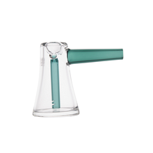 The MJ Arsenal Vulkan Bubbler is a clear borosilicate glass piece with a wide base, narrowing top, teal handle, and inner teal tube—ideal for portable use.