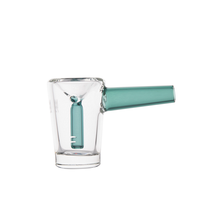 The MJ Arsenal Basin Bubbler is a compact bubbler made from durable borosilicate glass, featuring water filtration with a clear bowl and teal stem and percolator, displayed on a plain white background.