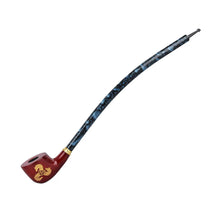 A striking Lord Of The Rings Pipe with a long, curved churchwarden shape, a red bowl featuring a gold dragon design, and a marbled dark blue-black stem—an impressive collector’s piece or gift box addition.