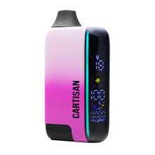 A pink and black Cartisan Veil Bar Pro EVO 510 Thread Battery Vape with a digital display for numbers, battery level, and puff count stands upright against a white background—compatible with most 510 tanks.