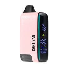 A pink and black Cartisan Veil Bar Pro EVO 510 Thread Battery Vape with a digital display for variable voltage, battery level, and puff count indicators. Compatible with 510 tanks and labeled CARTISAN.