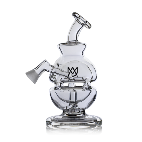 The MJ Arsenal Royale Vape Edition is a clear glass water pipe with a unique curvy shape, tilted mouthpiece, wide base, side-angled bowl, and a black overlapping letters logo—part of the exclusive Royale Vape Edition dab rig collection.