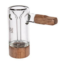 The MJ Arsenal Alpine Series - Steamboat Bubbler features a sleek borosilicate glass chamber with small holes, a side handle, and wooden base and mouthpiece. Its modern design is finished with an engraved logo for a signature look.