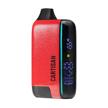 A red and black Cartisan Veil Bar Pro EVO 510 Thread Battery Vape stands upright, showing a digital screen with battery, wattage, puff count, and airflow indicators—perfect for 510 tanks or as a variable voltage battery.