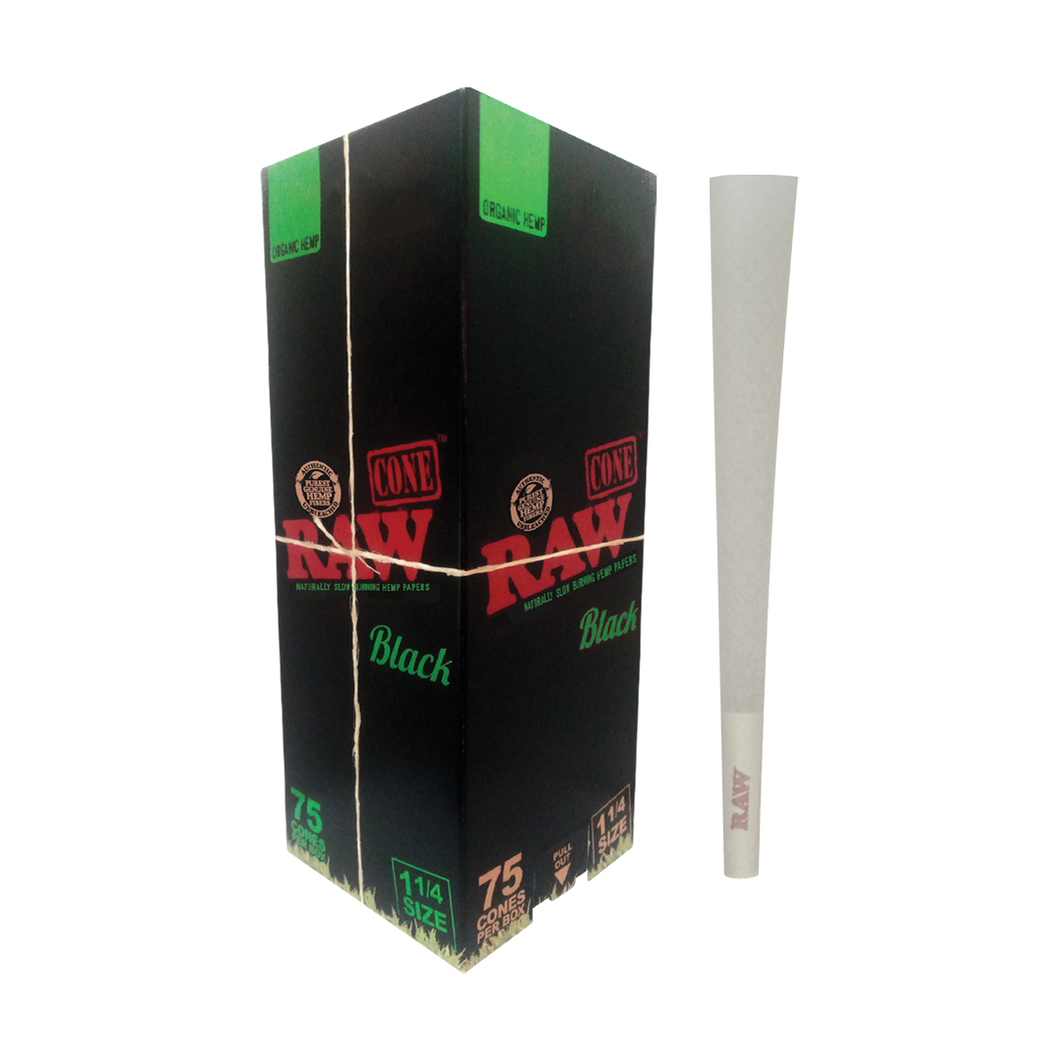 A black box labeled RAW Organic Hemp Black Cones 1 1/4 Size with green and red accents contains 75 pre-rolled cones. A single white cone stands upright beside the box, ideal for those seeking convenience and premium quality.