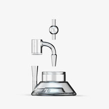 The SOFTGLASS TANDEM BASE KIT features a modern, transparent glass teapot with three separated parts—a bubble cap lid, curved spout section, and main glass base—suspended against a plain white background.