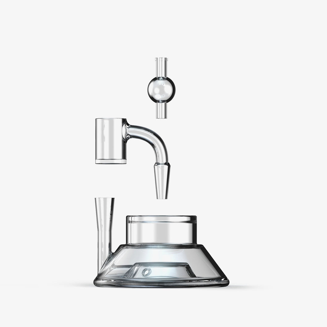 The SOFTGLASS TANDEM BASE KIT features a modern, transparent glass teapot with three separated parts—a bubble cap lid, curved spout section, and main glass base—suspended against a plain white background.