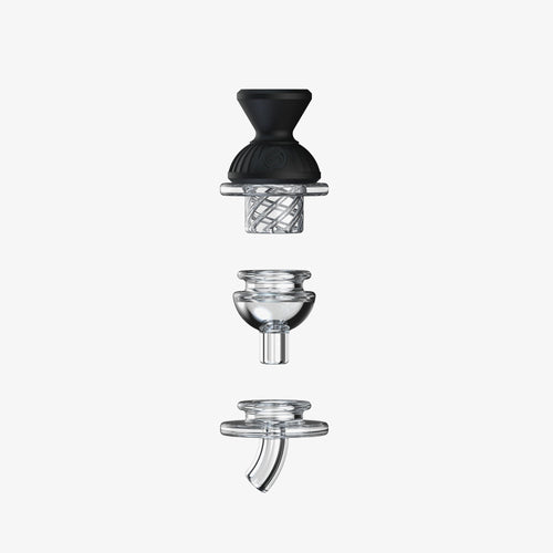 The SOFTGLASS CONVERTIBLE CAP SET is shown vertically against a white background, with three clear glass components and one black-and-glass piece, each featuring distinctive caps, resembling modular Tandem Rig parts.
