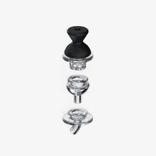 An exploded view of the SOFTGLASS CONVERTIBLE CAP SET shows four vertically aligned parts: a black mouthpiece, a cylindrical filter with silicone sleeve, a glass bowl, and a curved base.