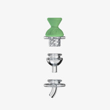 An exploded view of a SOFTGLASS CONVERTIBLE CAP SET with three detachable parts: a green silicone sleeve mouthpiece, glass bowl with built-in screen, and angled-tip glass stem, all vertically aligned on a white background.