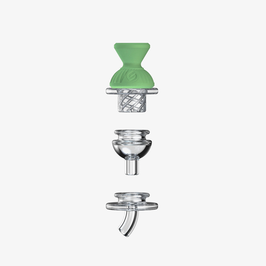 An exploded view of a SOFTGLASS CONVERTIBLE CAP SET with three detachable parts: a green silicone sleeve mouthpiece, glass bowl with built-in screen, and angled-tip glass stem, all vertically aligned on a white background.