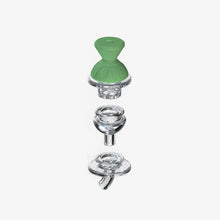 An exploded view of the SOFTGLASS CONVERTIBLE CAP SET, showing three transparent components and a green, textured, cone-shaped top piece with unique caps, all vertically aligned against a white background.