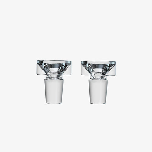 Two sleek, modern Softglass Bowl Slide 14mm stoppers with wide, flat tops and tapered bases are shown side by side on a plain white background, highlighting their contemporary glass design.