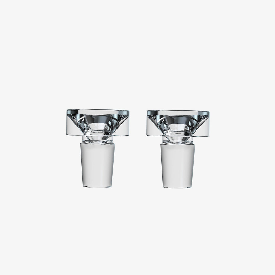 Two sleek, modern Softglass Bowl Slide 14mm stoppers with wide, flat tops and tapered bases are shown side by side on a plain white background, highlighting their contemporary glass design.