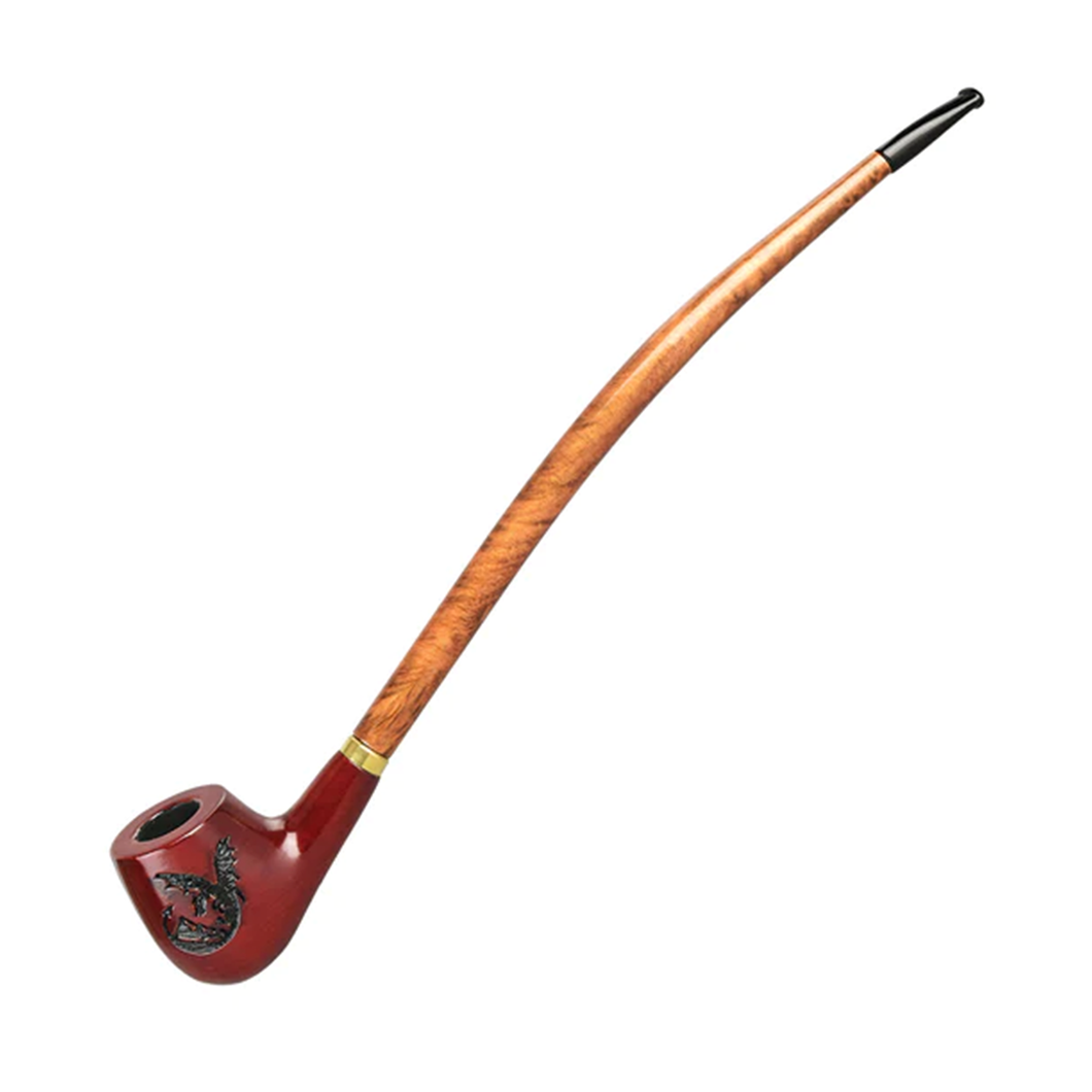 A long, curved wooden churchwarden from the Lord Of The Rings Pipes collection, featuring a reddish-brown bowl with a black dragon design and a slender light brown stem ending in a black mouthpiece—perfect for collectors.