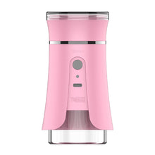 The Yocan iShred Electric Grinder is a pink, cylindrical device with a button and LED on the front, Type-C charging, a transparent bottom compartment, and a sleek modern design.