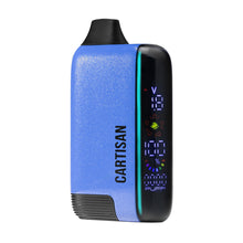 A blue Cartisan Veil Bar Pro EVO 510 Thread Battery Vape with a black mouthpiece and digital display for settings stands upright on a white background, compatible with 510 tanks and featuring variable voltage.
