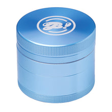 The BIGFUN! Large Grinders is an aluminum grinder in metallic blue with a textured grip and white logo on top, designed for efficient pollen sift, shown against a white background.