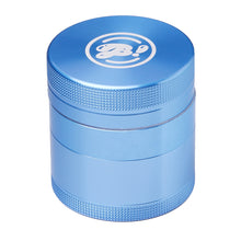 The BIGFUN! Small Grinder, featuring metallic blue aluminum with textured grips and a white logo on the lid, is displayed against a plain white background.