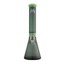 The MAV 13.5" Mini Zebra Beaker Water Pipe features a wide beaker base, cylindrical neck, ice pincher for smoother hits, a green-rimmed mouthpiece, small white logo, and is crafted from durable borosilicate glass.