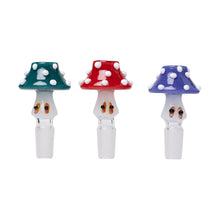 The Human Grade Novelty Bowl, available individually or in a pack of 3, features glass mushroom-shaped bowls with faces and green, red, or purple spotted caps—great for 14mm water pipes or as unique glass bong bowls.