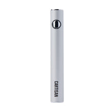The Cartisan Button VV 900 Dual Charge (USB-C) 2G is a slim, silver 510 thread vape pen with a single button near the top and "CARTISAN" printed vertically near the bottom, shown against a white background.