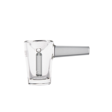 The MJ Arsenal Basin Bubbler is a clear borosilicate glass cup with a horizontal handle, an internal cylinder, and a round hole near the top—perfect for use as a mini bubbler for water filtration.