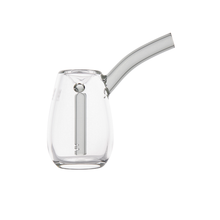 The MJ Arsenal Bulb Bubbler is a clear borosilicate glass mini bubbler with a rounded base, angled neck, internal glass feature, and a small hole near the top. Photographed against a plain white background.