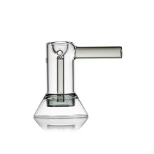 The MJ Arsenal Cove Glass Bubbler features clear borosilicate glass with a cylindrical vertical chamber, horizontal side handle, and cone-shaped base, shown against a white background.