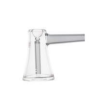 The MJ Arsenal Vulkan Bubbler is a clear borosilicate glass vessel with a flared base, horizontal cylindrical spout, and an internal vertical metal rod suspended from the top as part of its design.